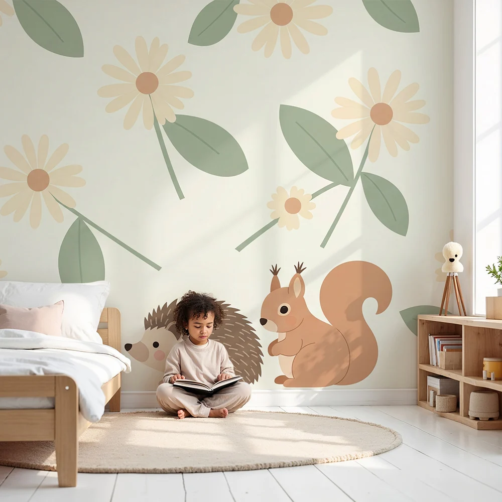 Papel de parede quarto bebê | Ёж и катерица сред цветя