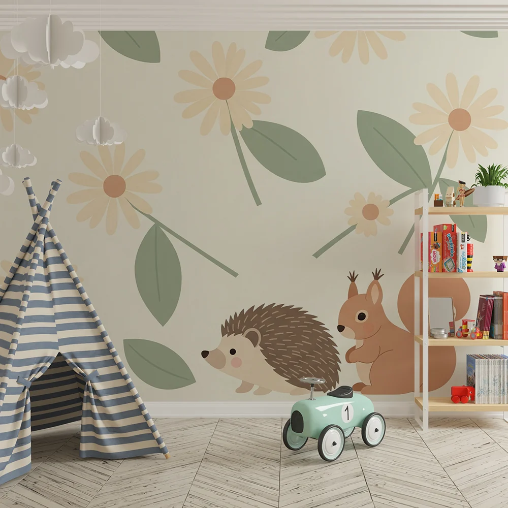 Papel de parede quarto bebê | Ёж и катерица сред цветя