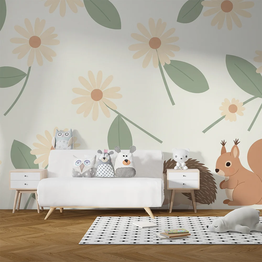 Papel de parede quarto bebê | Ёж и катерица сред цветя