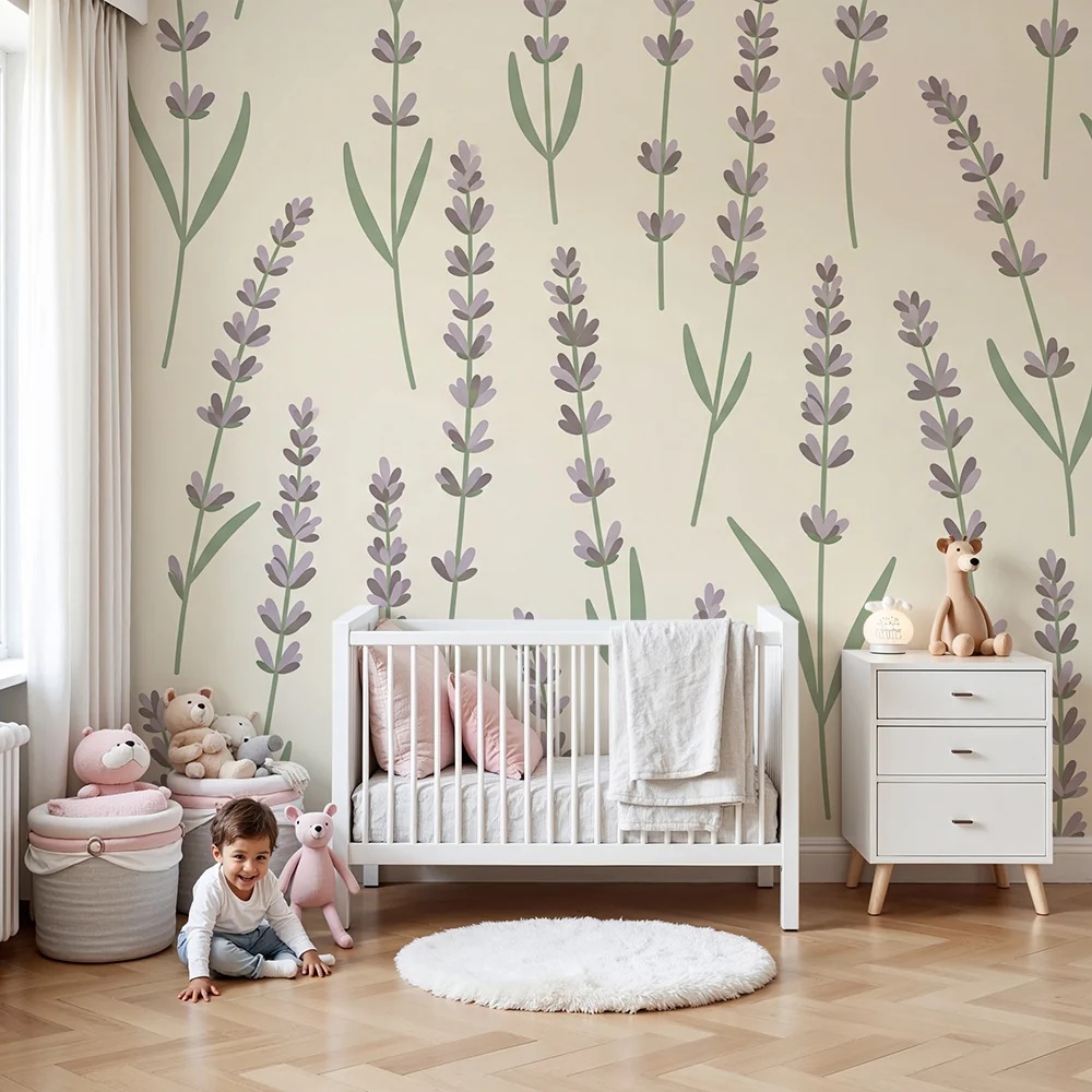 Papel de parede quarto bebê | Успокояващи двуцветни лавандулови полета