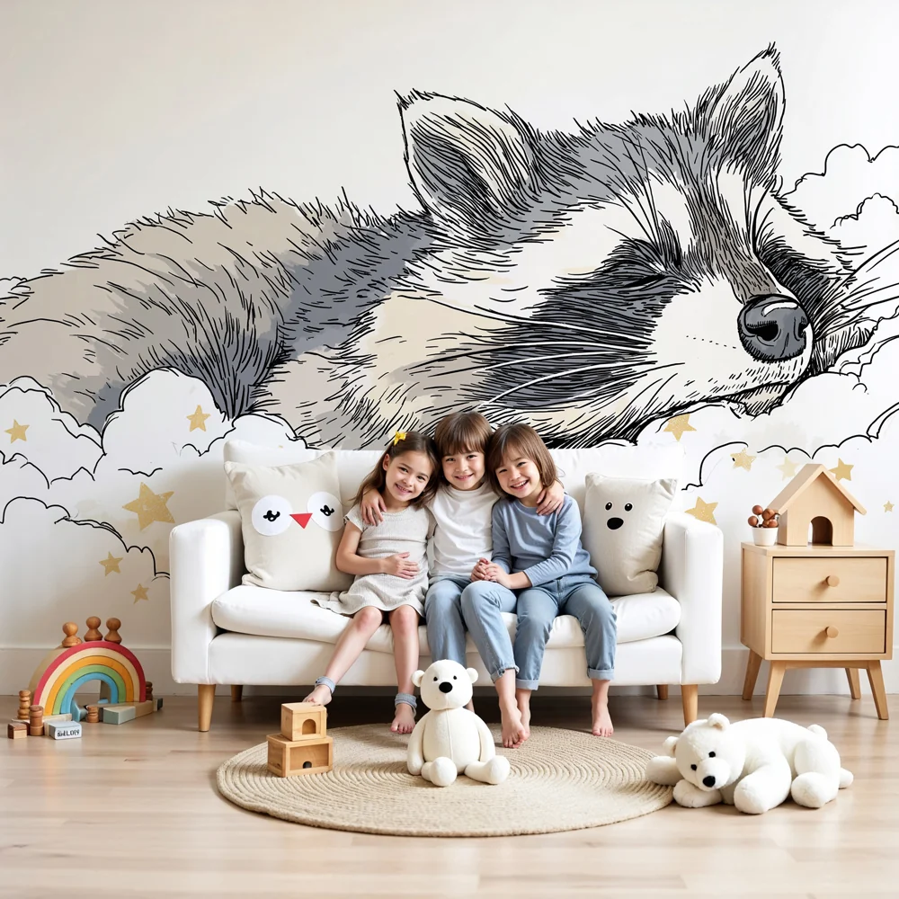 Papel de parede quarto bebê | Спяща енота сред облаците