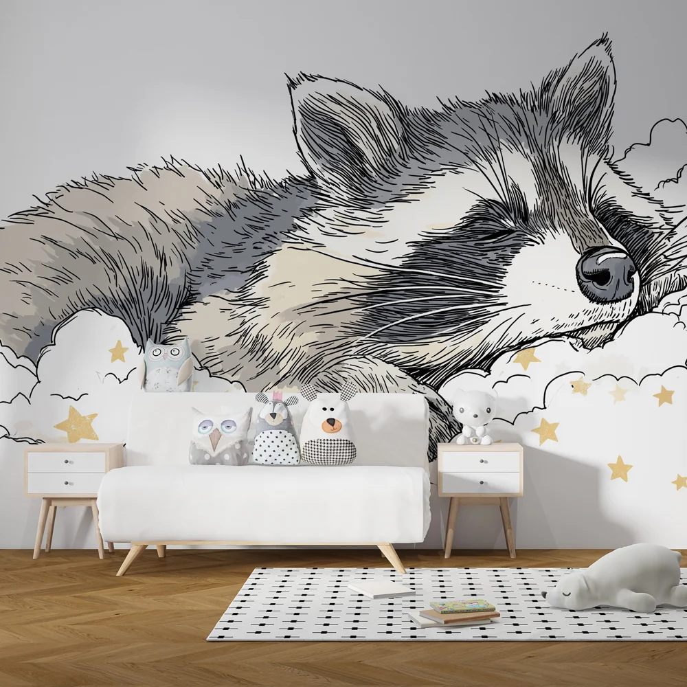 Papel de parede quarto bebê | Спяща енота сред облаците
