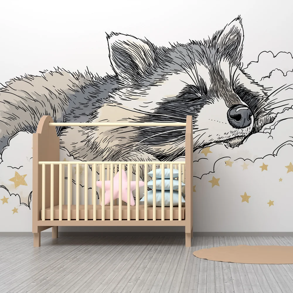 Papel de parede quarto bebê | Спяща енота сред облаците