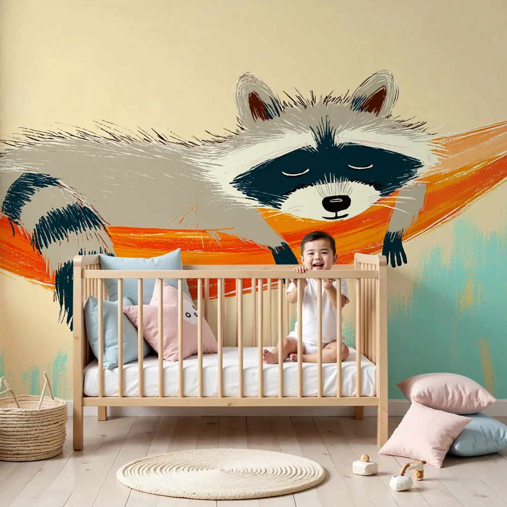 Papel de parede quarto bebê | Енот почива в хамак