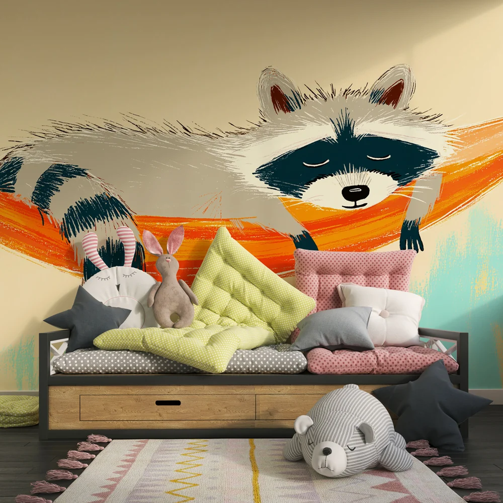 Papel de parede quarto bebê | Енот почива в хамак