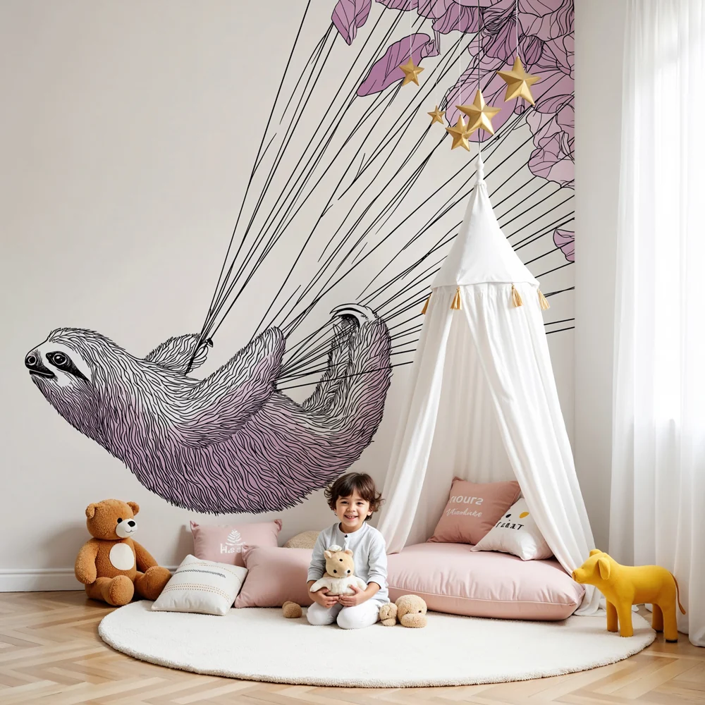 Papel de parede quarto bebê | Летяща леност с нежни цветя
