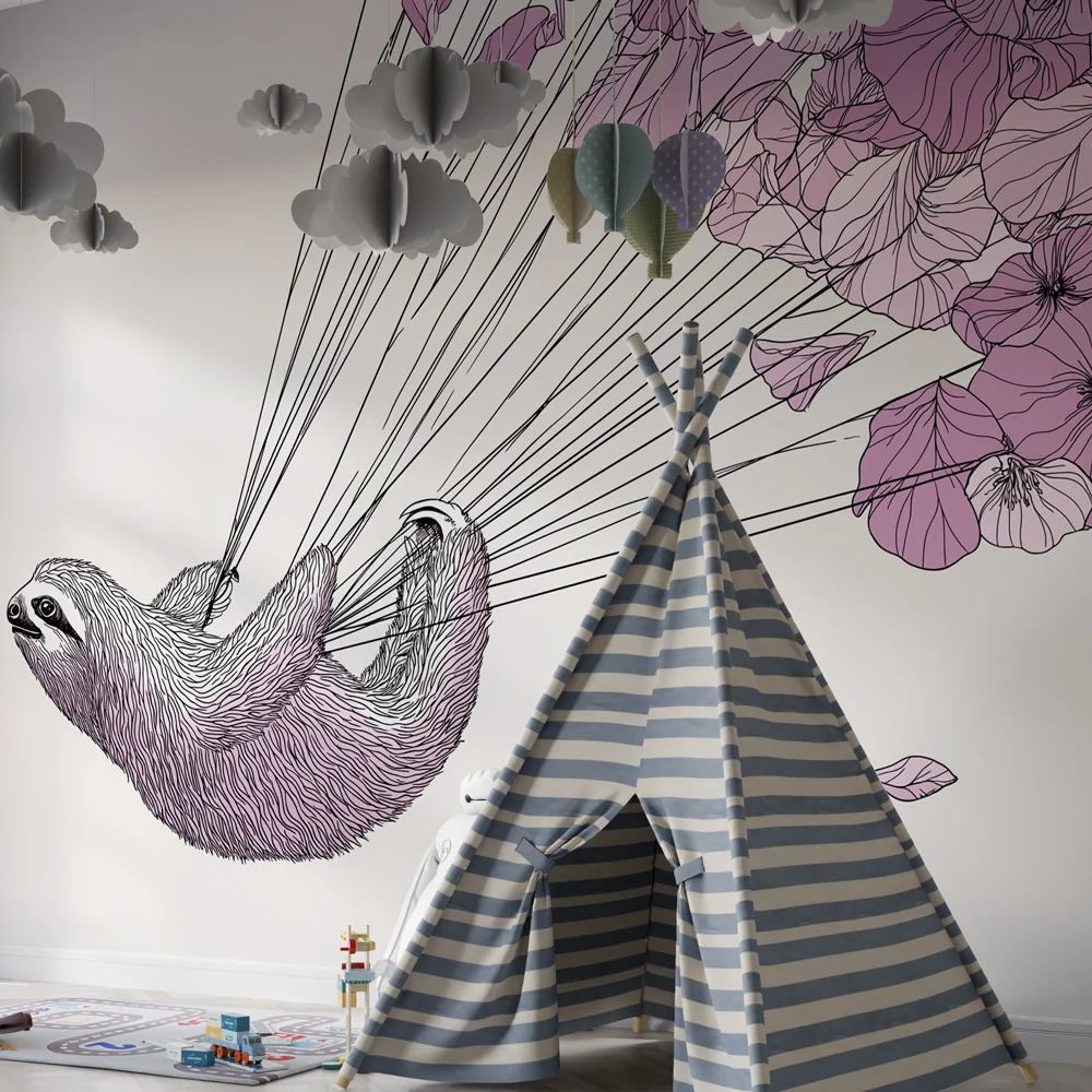 Papel de parede quarto bebê | Летяща леност с нежни цветя