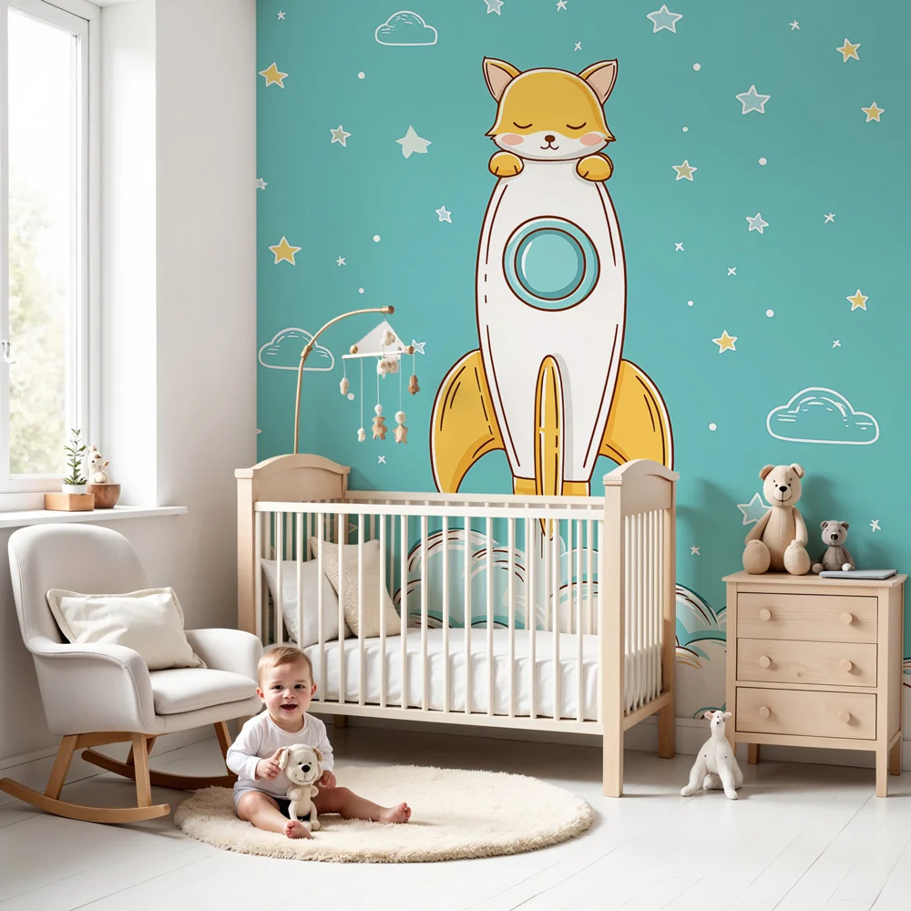 Papel de parede quarto bebê | Котешки астронавт и ракета