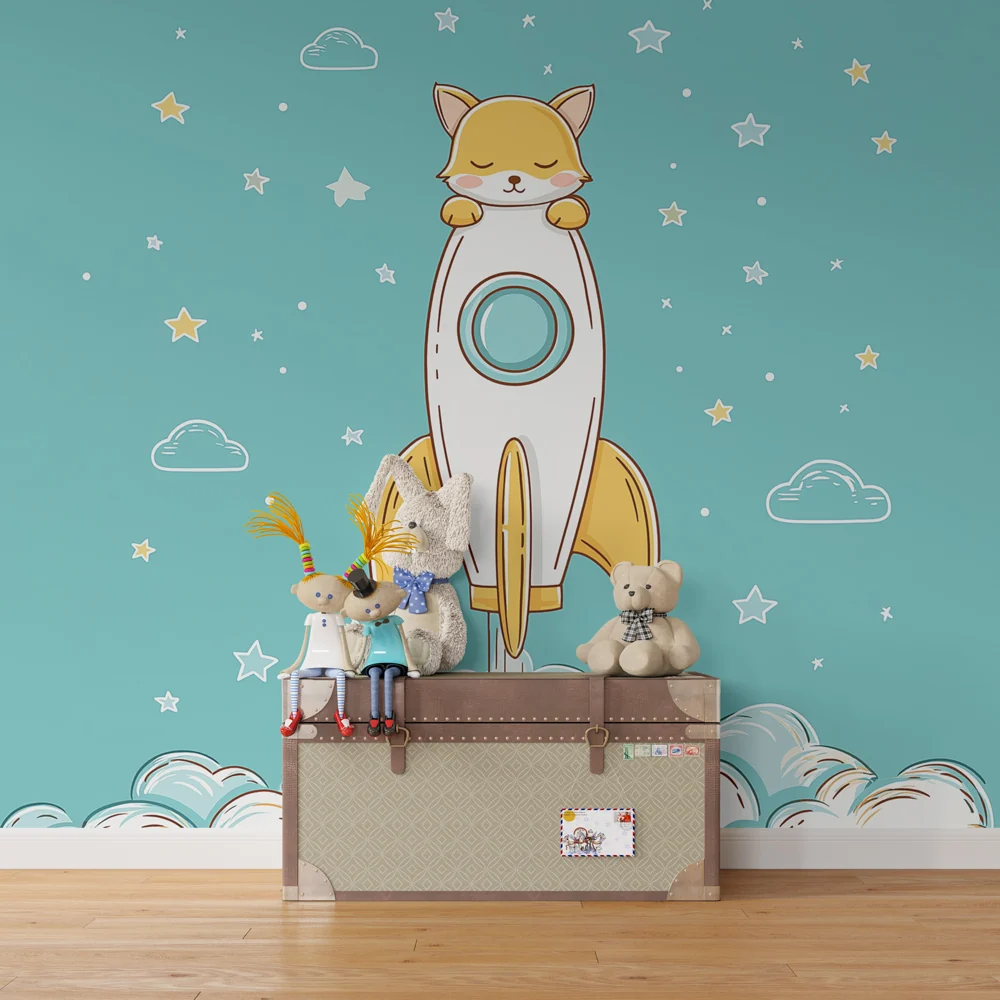 Papel de parede quarto bebê | Котешки астронавт и ракета