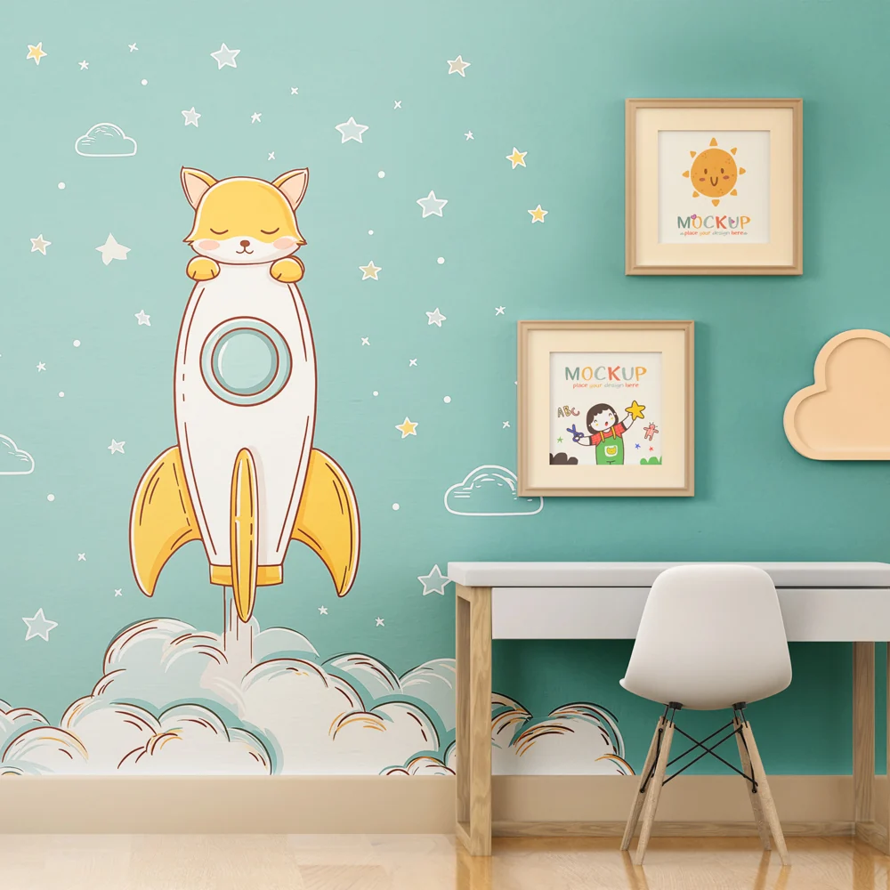 Papel de parede quarto bebê | Котешки астронавт и ракета
