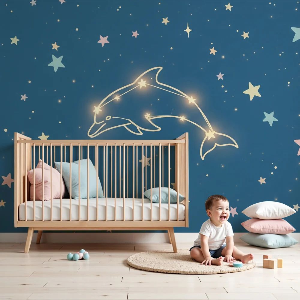 Papel de parede quarto bebê | Звездно нощно небе с делфин