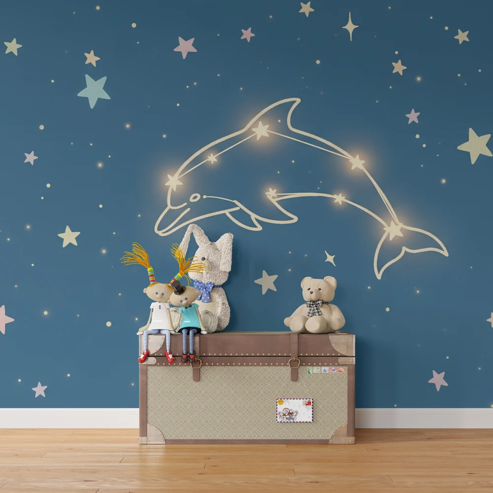 Papel de parede quarto bebê | Звездно нощно небе с делфин