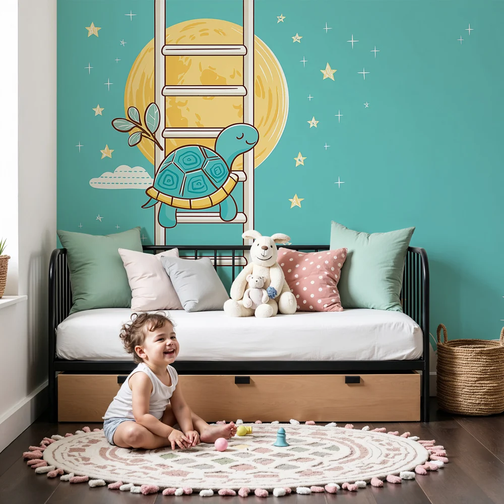 Papel de parede quarto bebê | Сънуваща костенурка на стълба към луната