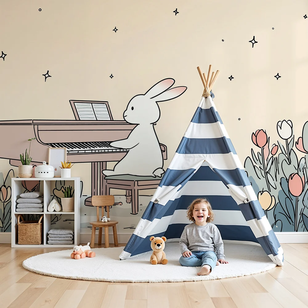 Papel de parede quarto bebê | Музикален заек на пиано в цветна градина