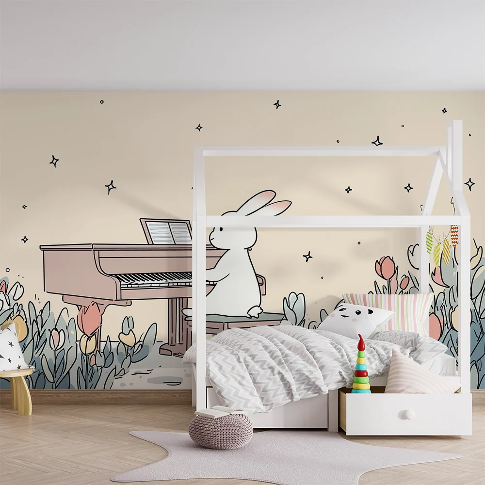Papel de parede quarto bebê | Музикален заек на пиано в цветна градина