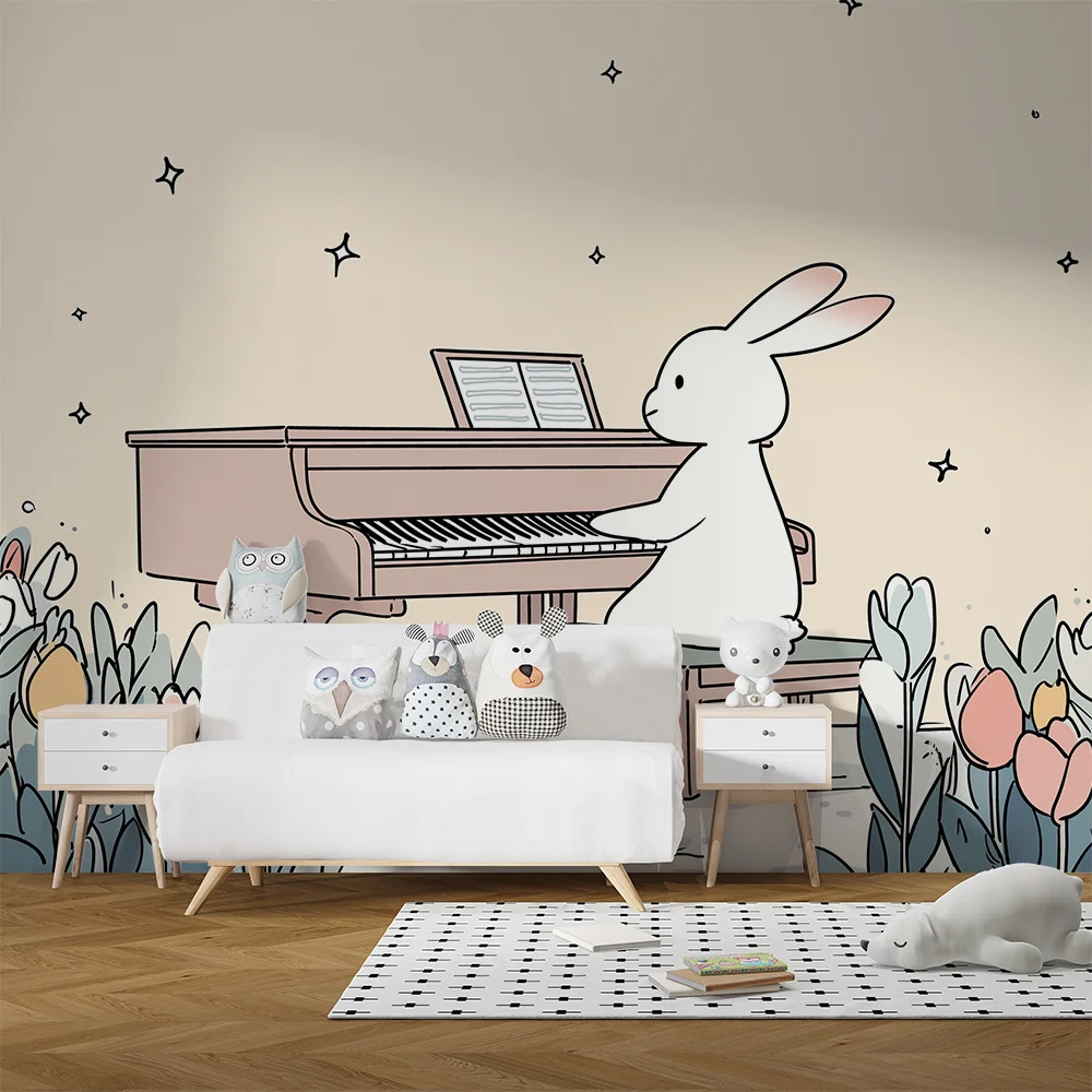 Papel de parede quarto bebê | Музикален заек на пиано в цветна градина