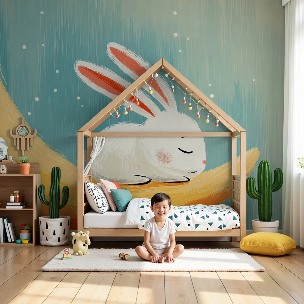 Papel de parede quarto bebê | Красив зайче на цветна луна
