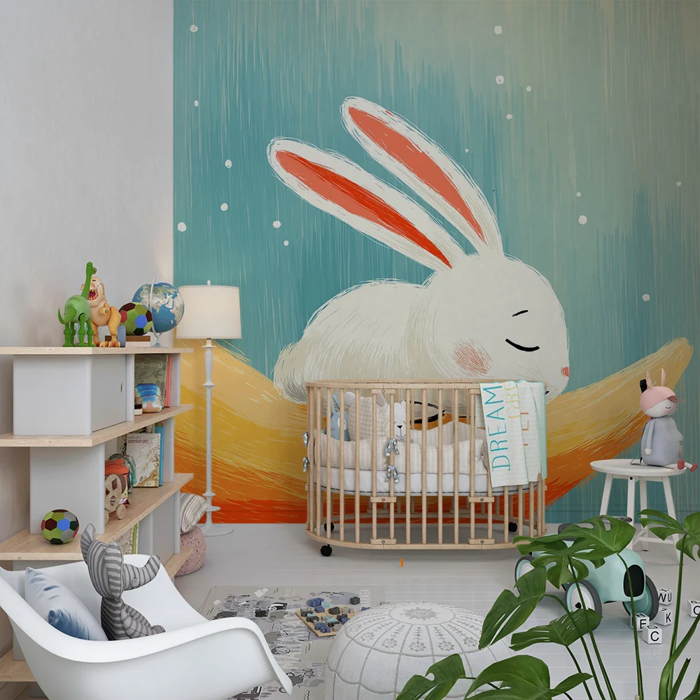 Papel de parede quarto bebê | Красив зайче на цветна луна