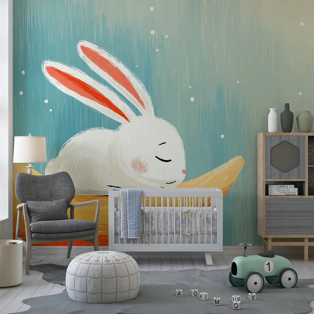 Papel de parede quarto bebê | Красив зайче на цветна луна