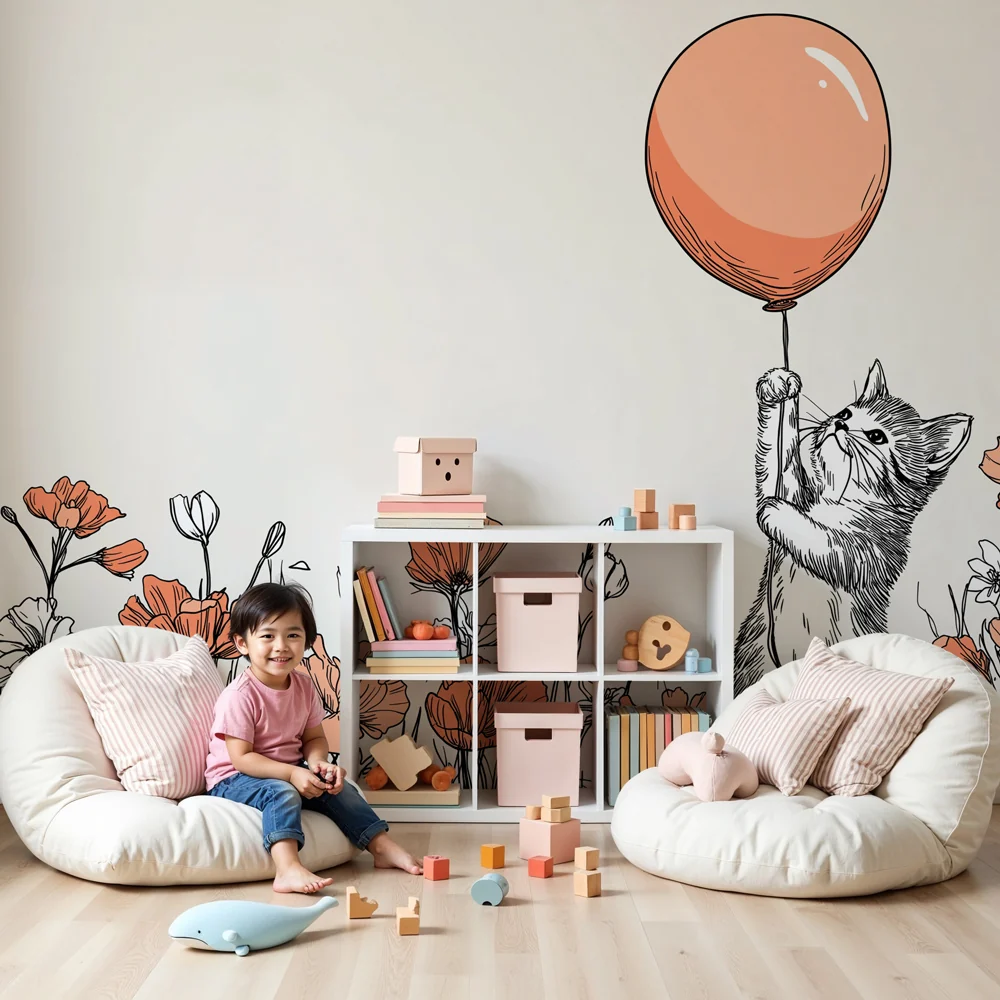 Papel de parede quarto bebê | Сладко коте с балон сред цветя