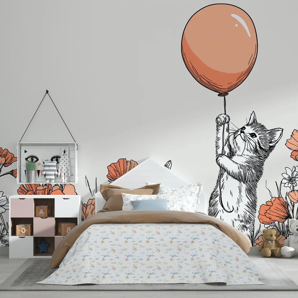 Papel de parede quarto bebê | Сладко коте с балон сред цветя