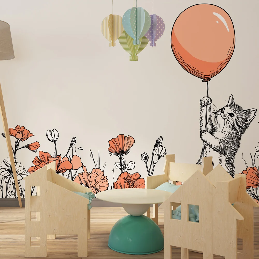 Papel de parede quarto bebê | Сладко коте с балон сред цветя