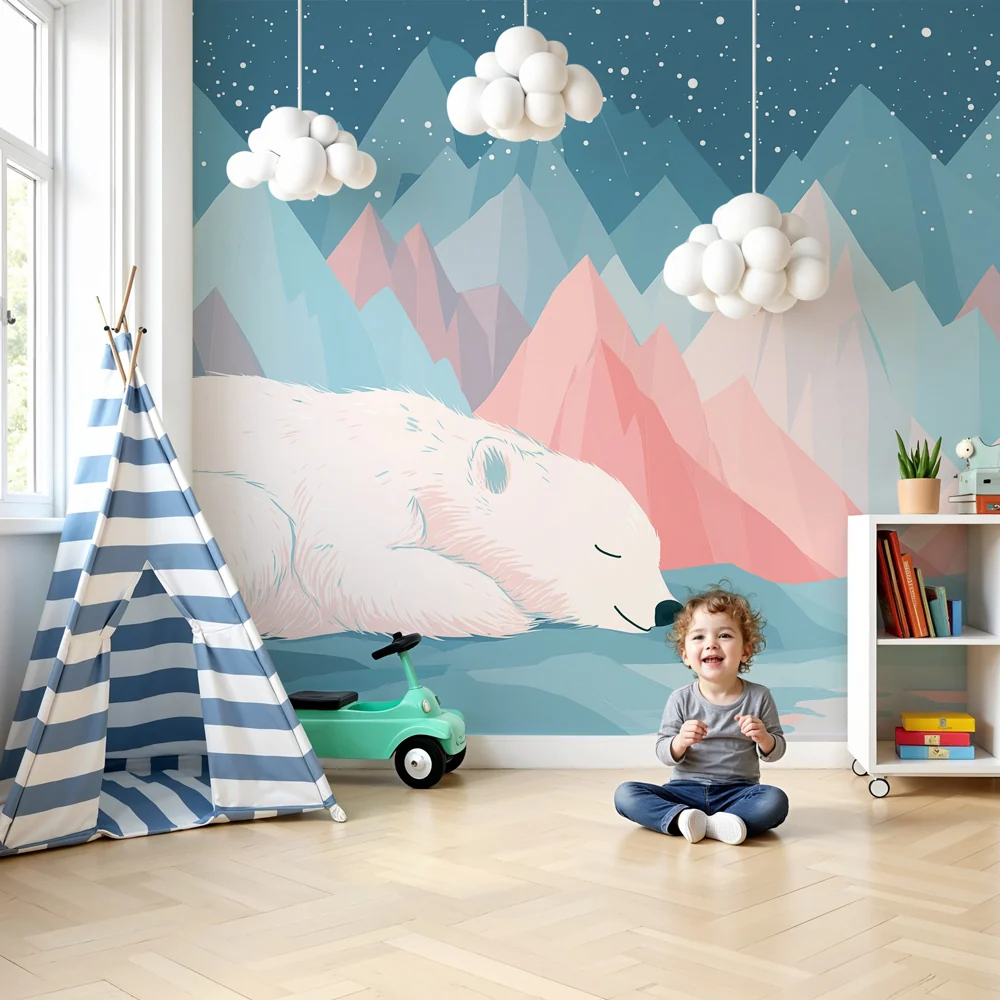 Papel de parede quarto bebê | Спящ бял мечок в планините