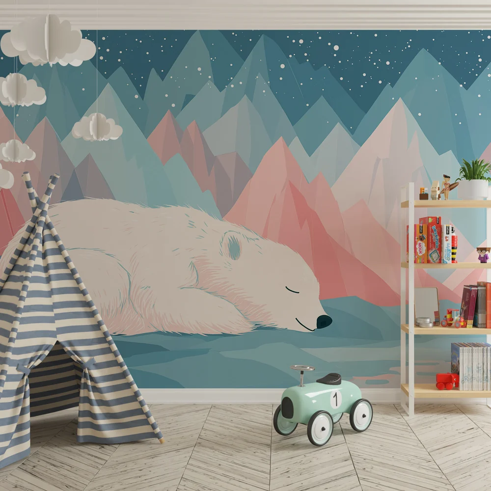 Papel de parede quarto bebê | Спящ бял мечок в планините