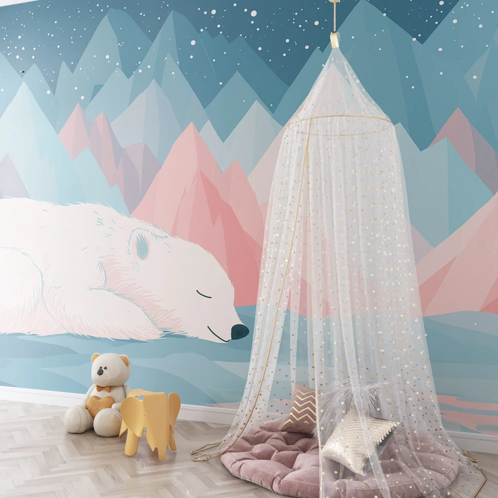 Papel de parede quarto bebê | Спящ бял мечок в планините