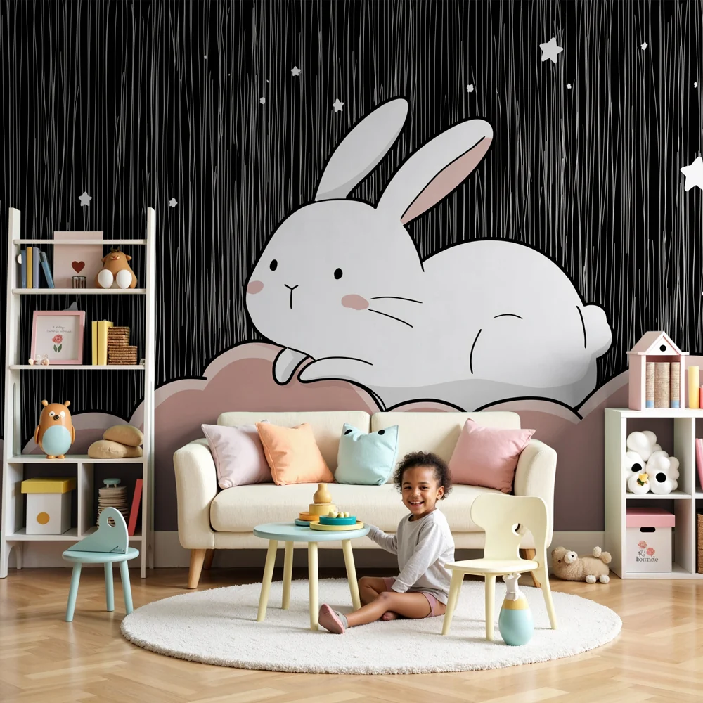 Papel de parede quarto bebê | Замислен зайче на звездно облако