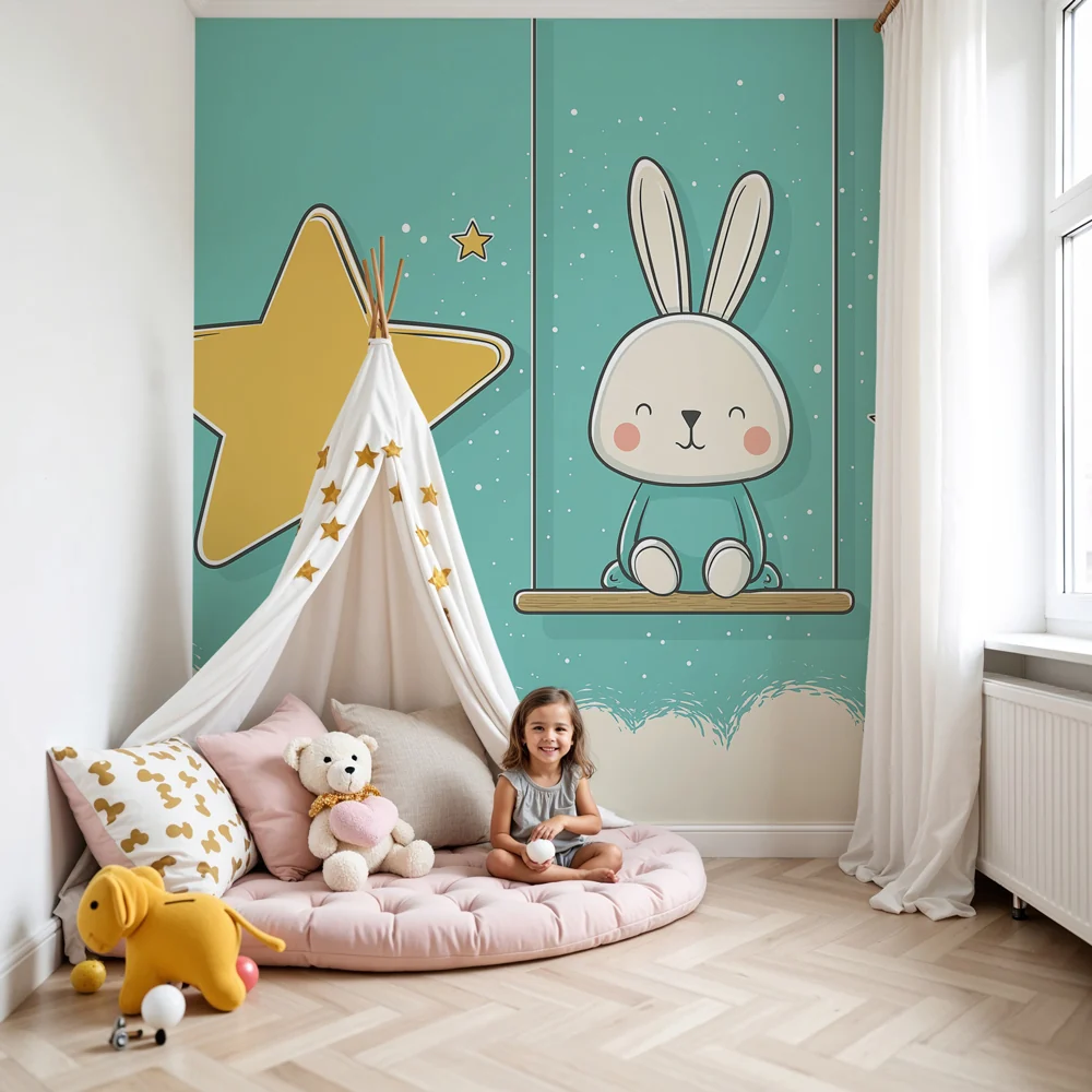 Papel de parede quarto bebê | Весел заек на звездна люлка