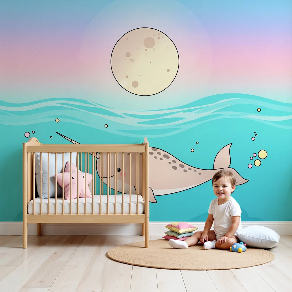 Papel de parede quarto bebê | Радостен нарвал под пастелно небе