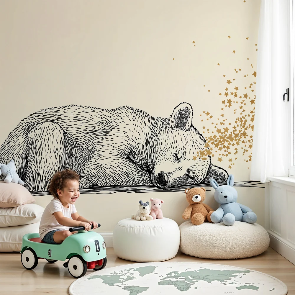 Papel de parede quarto bebê | Спящ мечо и светещи звезди