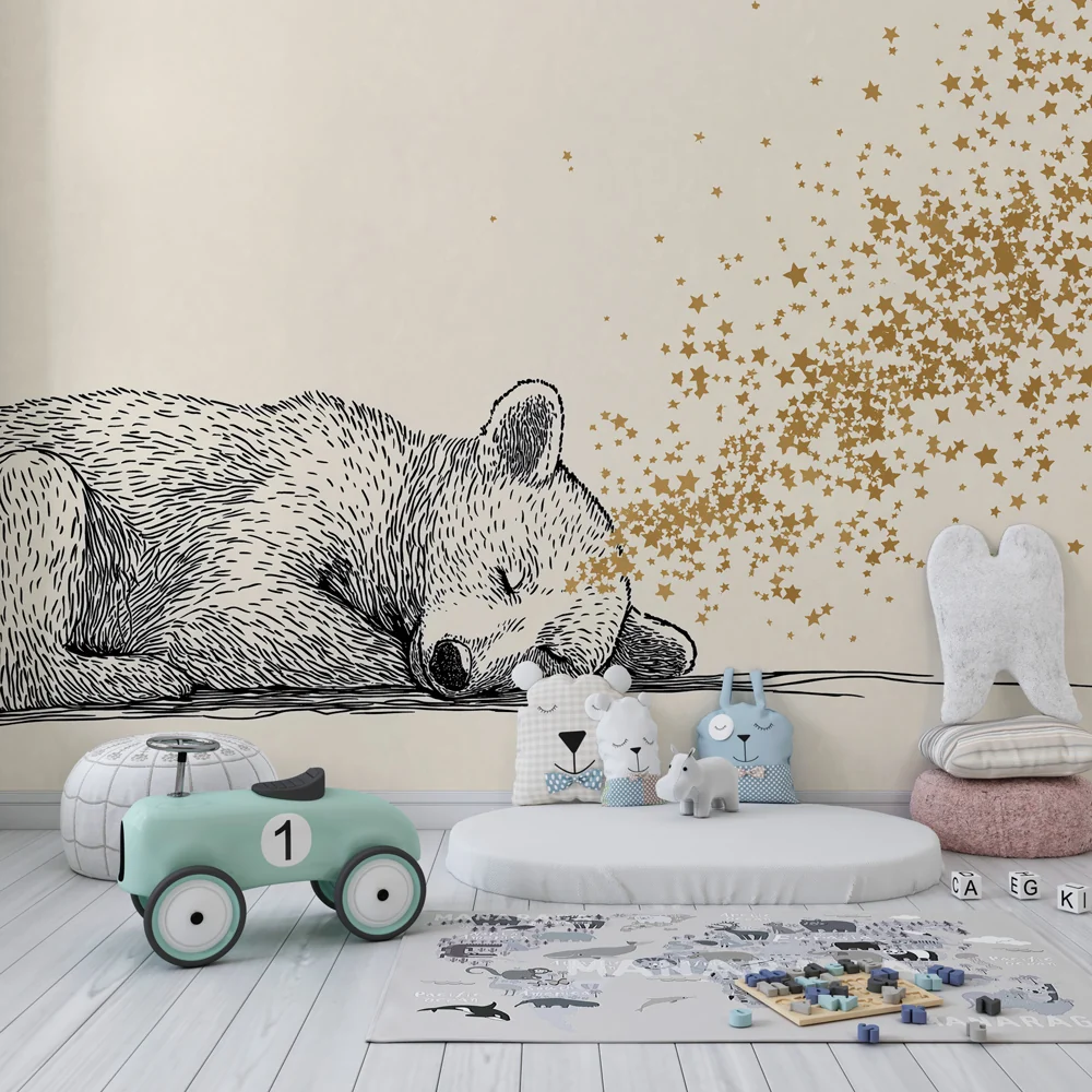 Papel de parede quarto bebê | Спящ мечо и светещи звезди