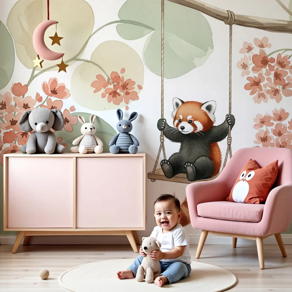 Papel de parede quarto bebê | Весела червена панда в цветна градина