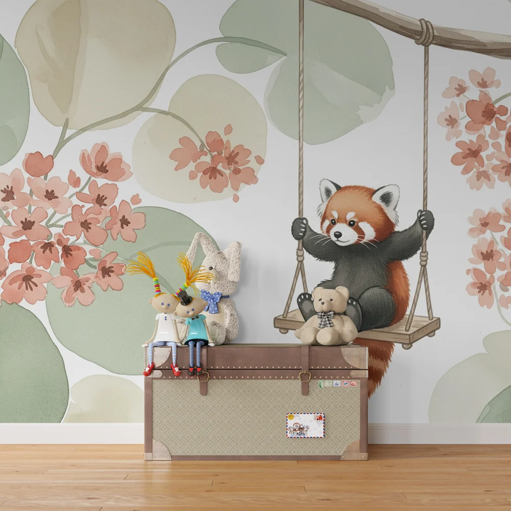 Papel de parede quarto bebê | Весела червена панда в цветна градина