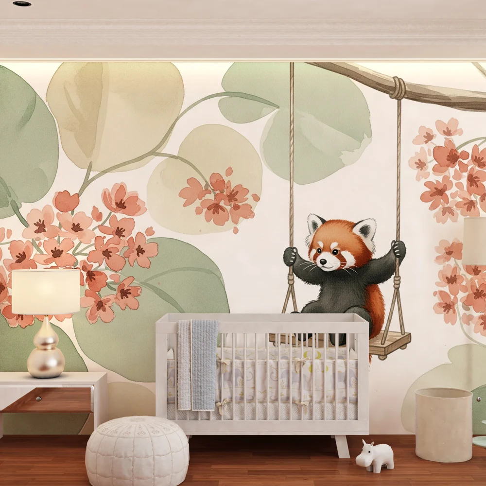 Papel de parede quarto bebê | Весела червена панда в цветна градина