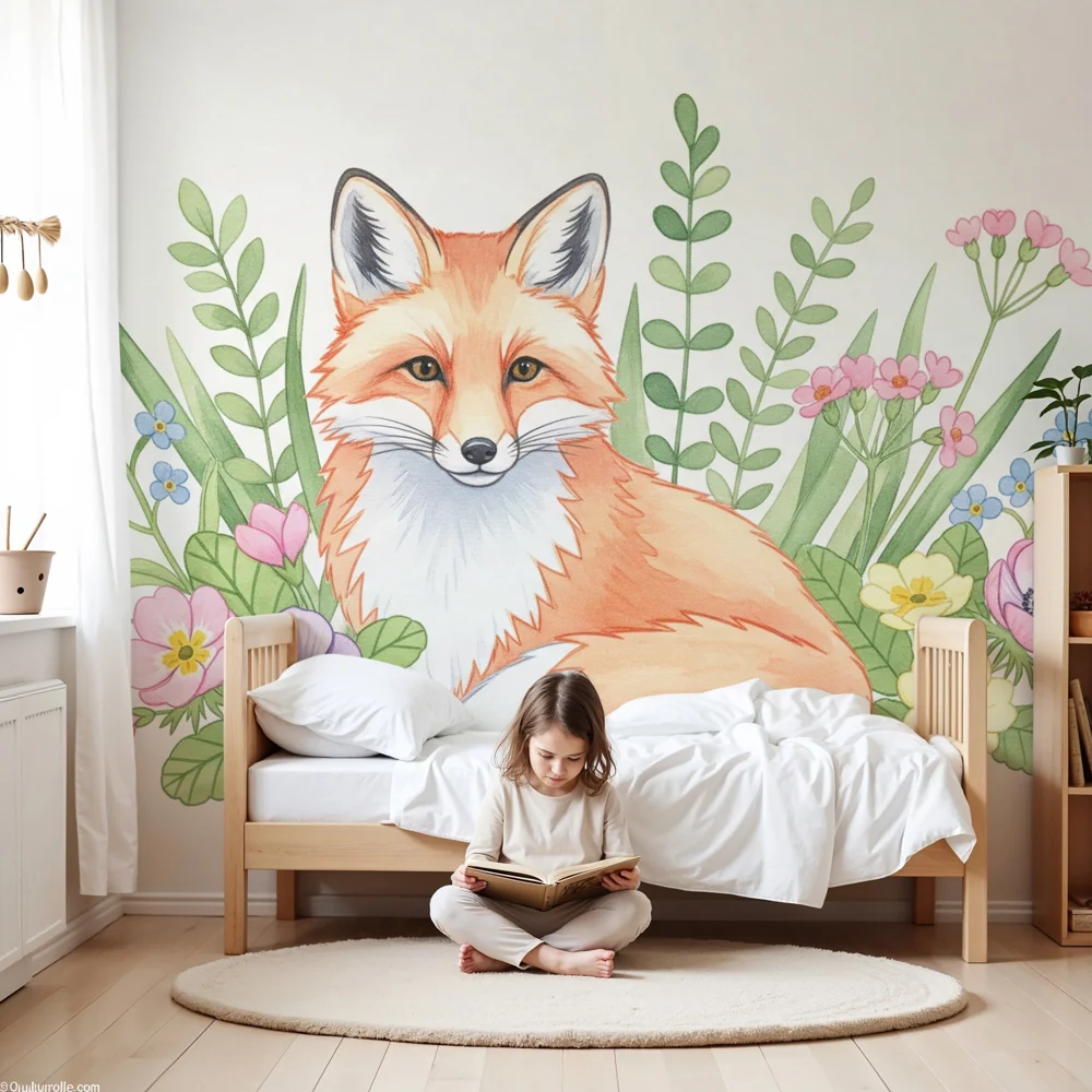 Papel de parede quarto bebê | Чаровна лисица и цветни цветя