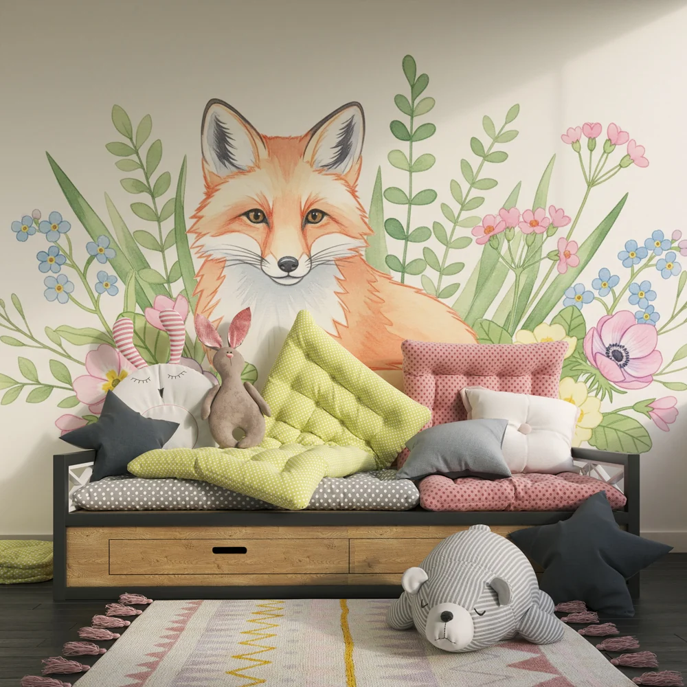Papel de parede quarto bebê | Чаровна лисица и цветни цветя