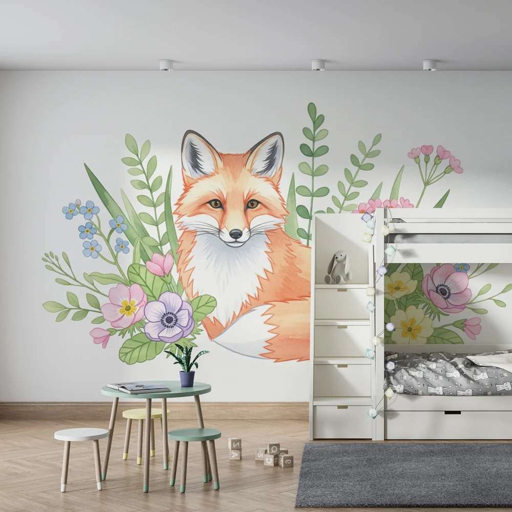 Papel de parede quarto bebê | Чаровна лисица и цветни цветя