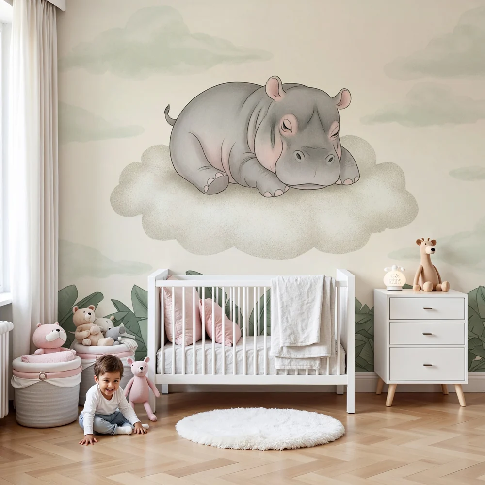 Papel de parede quarto bebê | Спяща хипопотам на облак