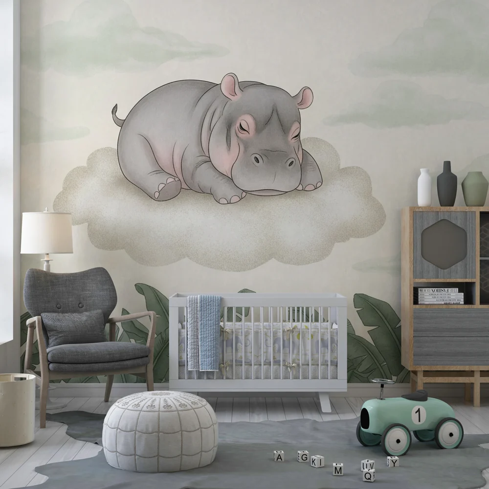 Papel de parede quarto bebê | Спяща хипопотам на облак