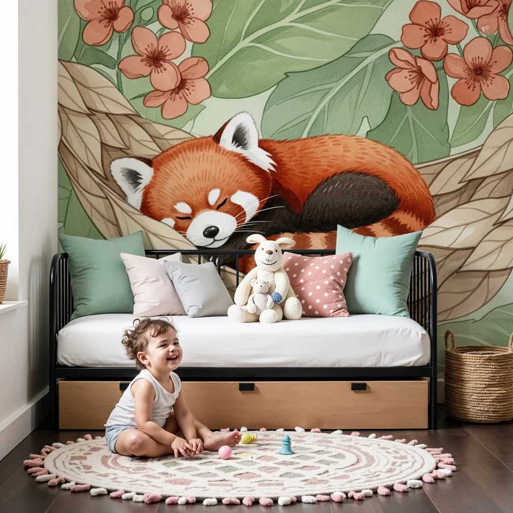 Papel de parede quarto bebê | Спяща червена панда сред цветя