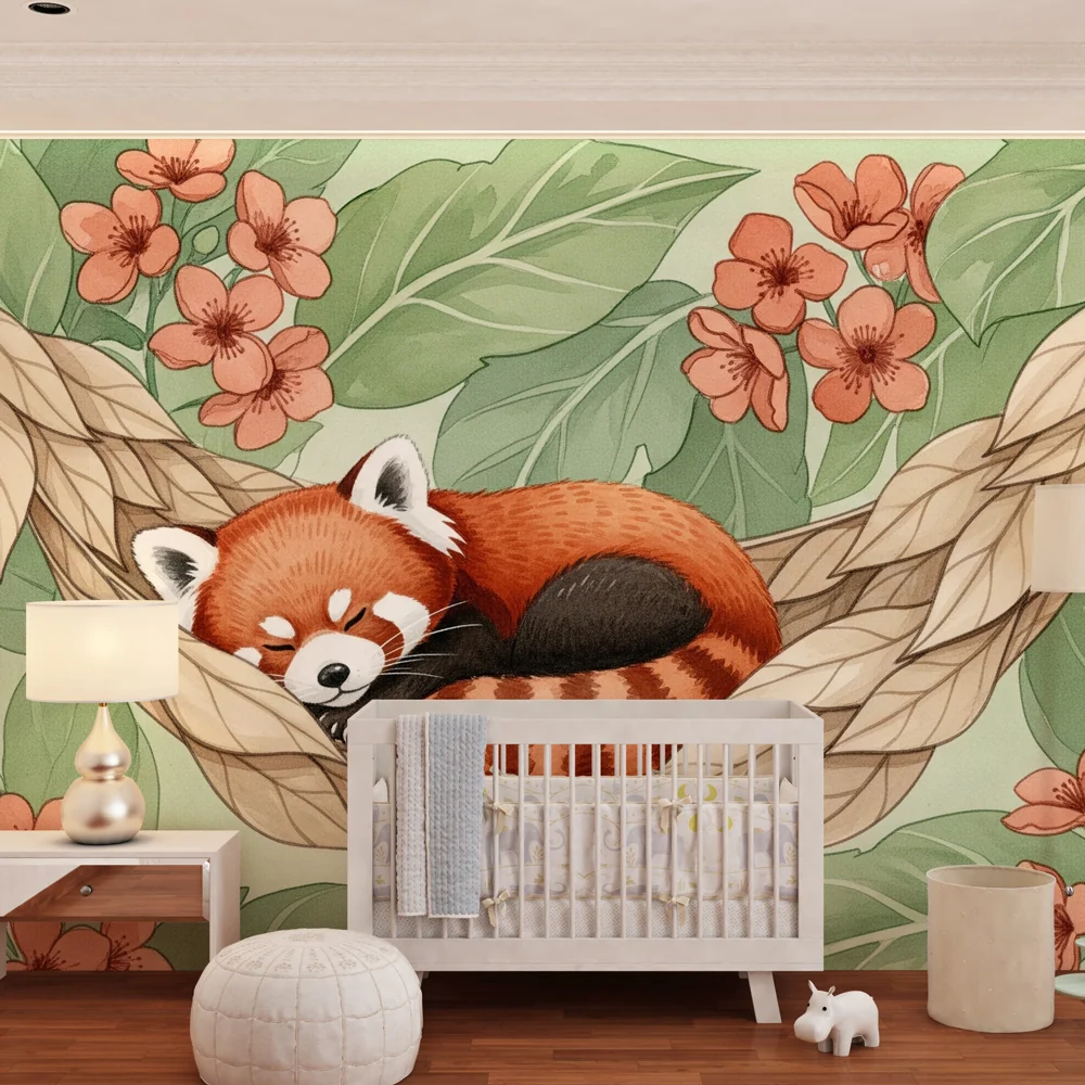 Papel de parede quarto bebê | Спяща червена панда сред цветя