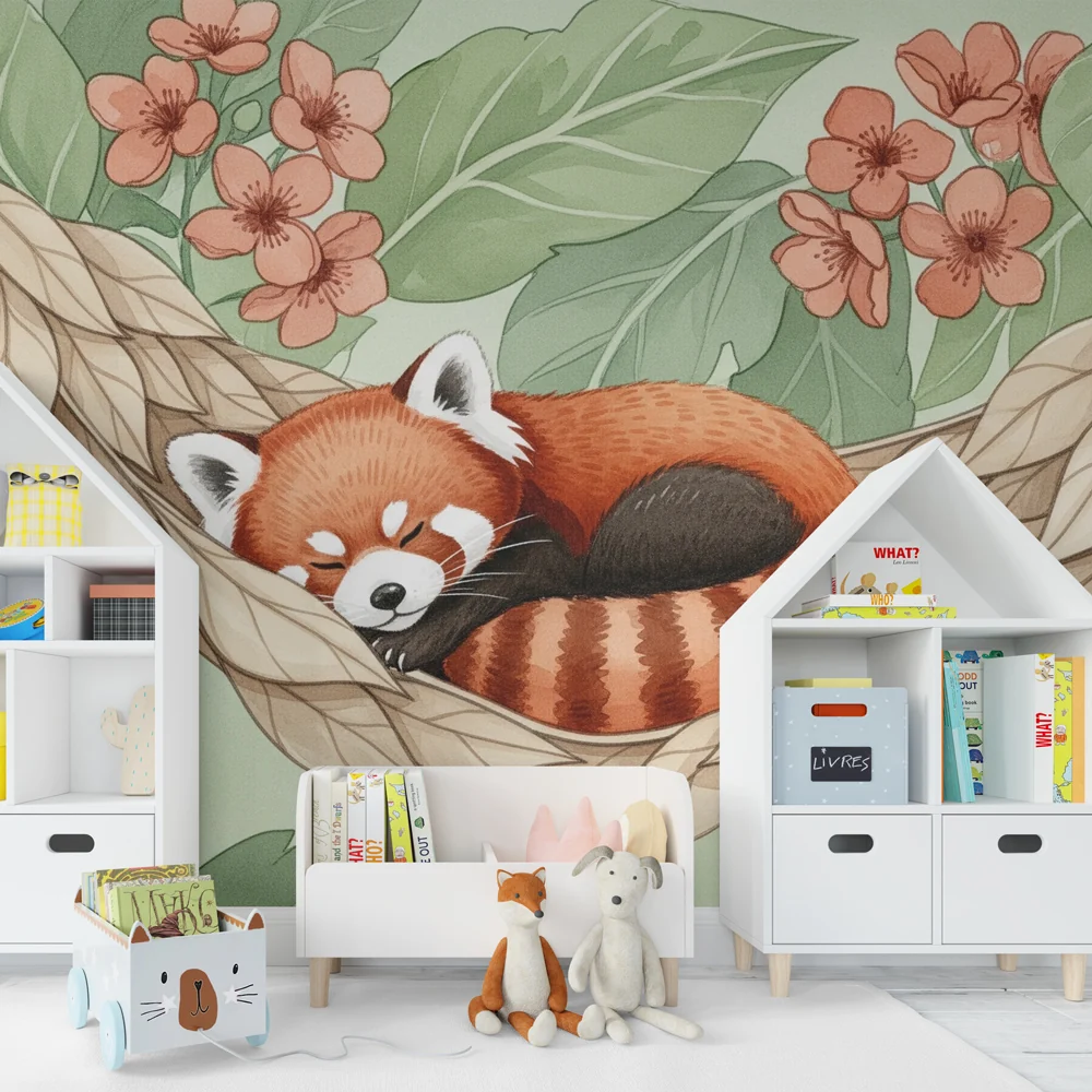 Papel de parede quarto bebê | Спяща червена панда сред цветя