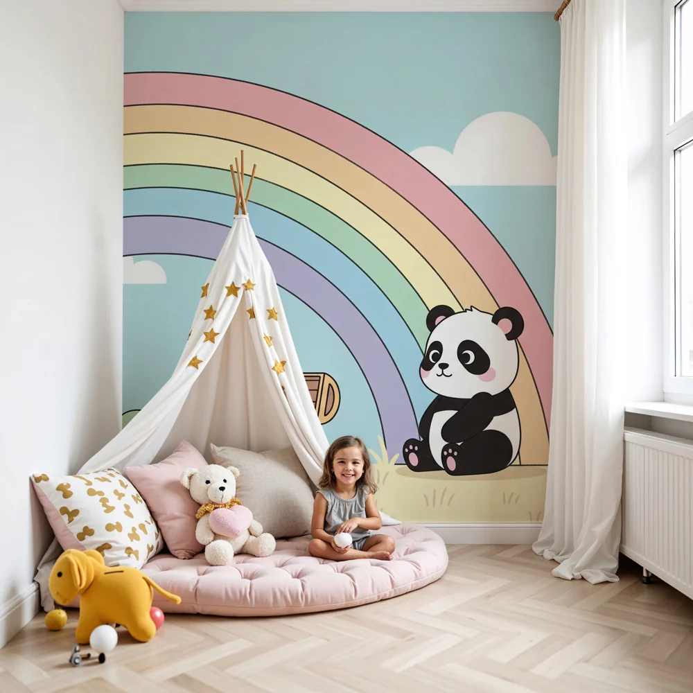 Papel de parede quarto bebê | Черепаха, панда и магическа дъга