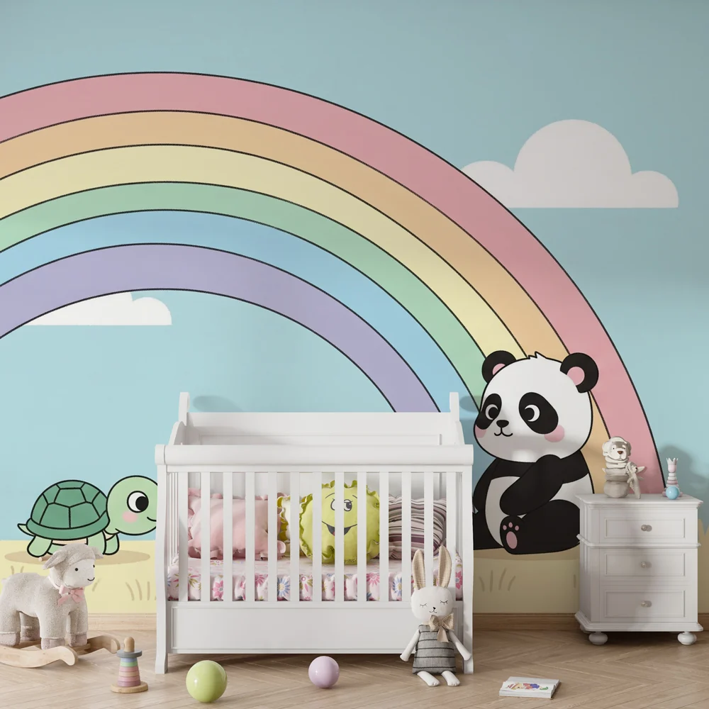Papel de parede quarto bebê | Черепаха, панда и магическа дъга