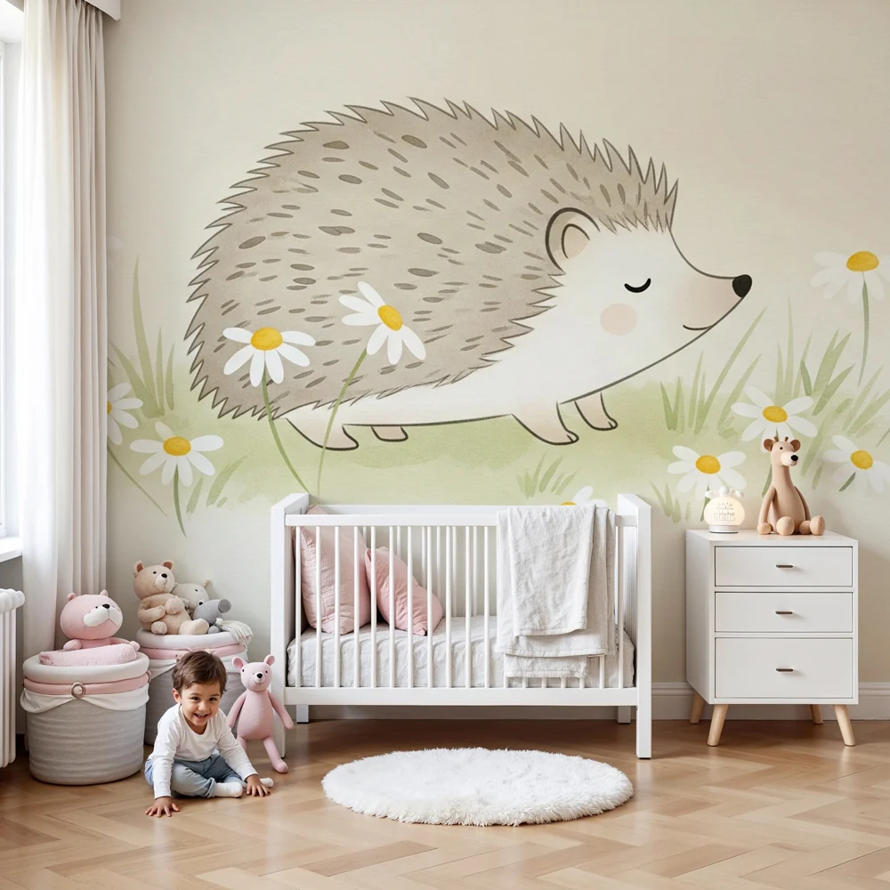 Papel de parede quarto bebê | Щастливо таралежче в поле от маргаритки