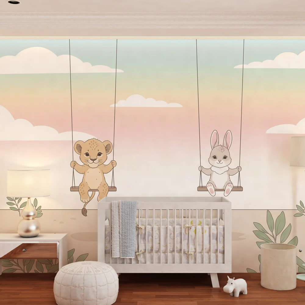 Papel de parede quarto bebê | Лъвче и заек на люлки