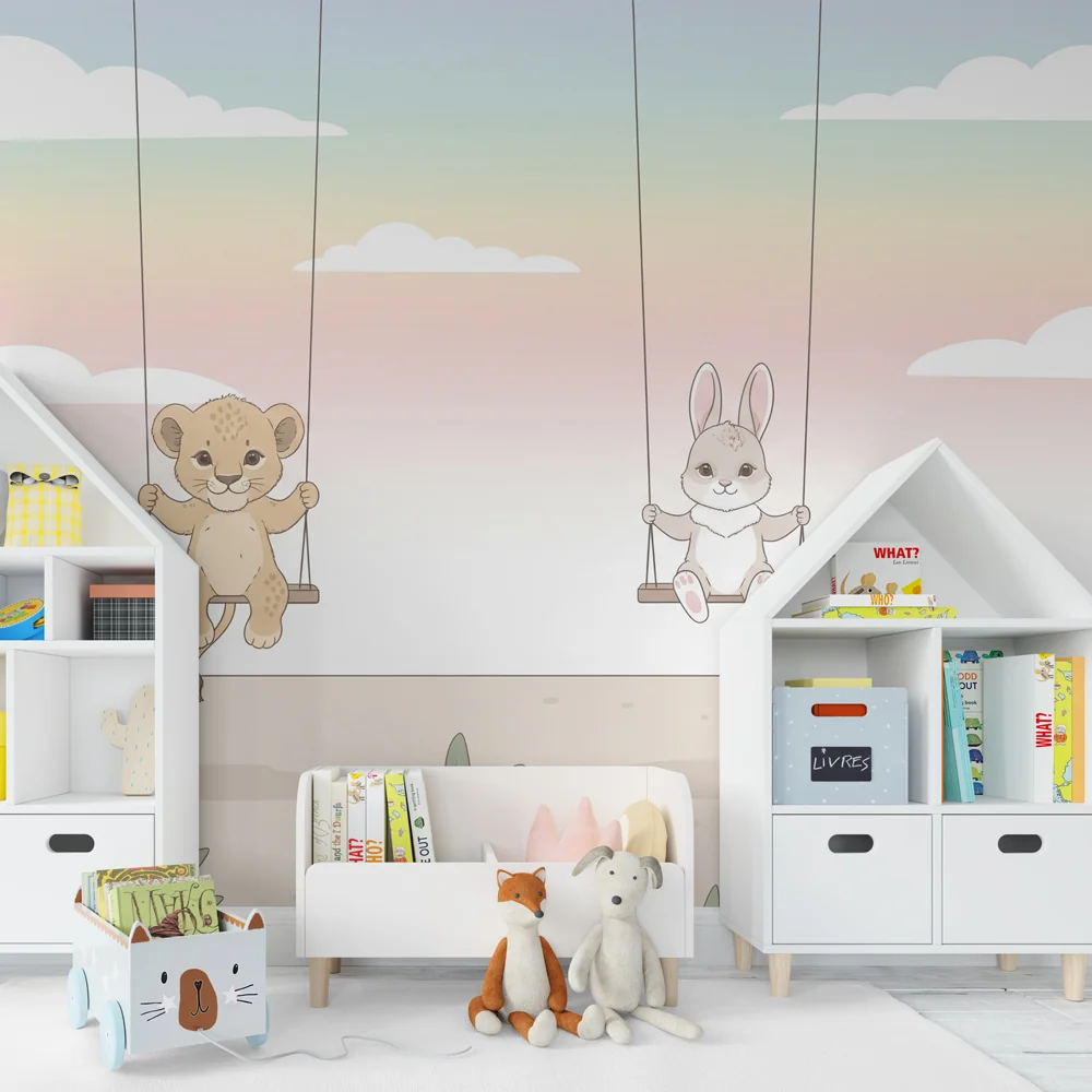 Papel de parede quarto bebê | Лъвче и заек на люлки